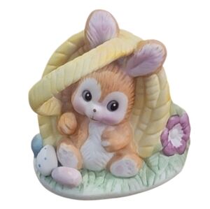 RUSS BERRIE & CO. Adorable Bunny Figurine with Basket Tan and Yellow